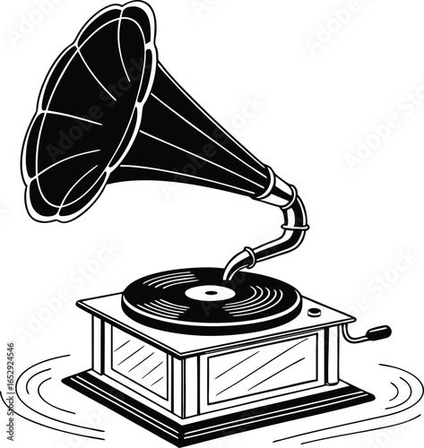 Vintage vinyl record spinning on a turntable silhouette design