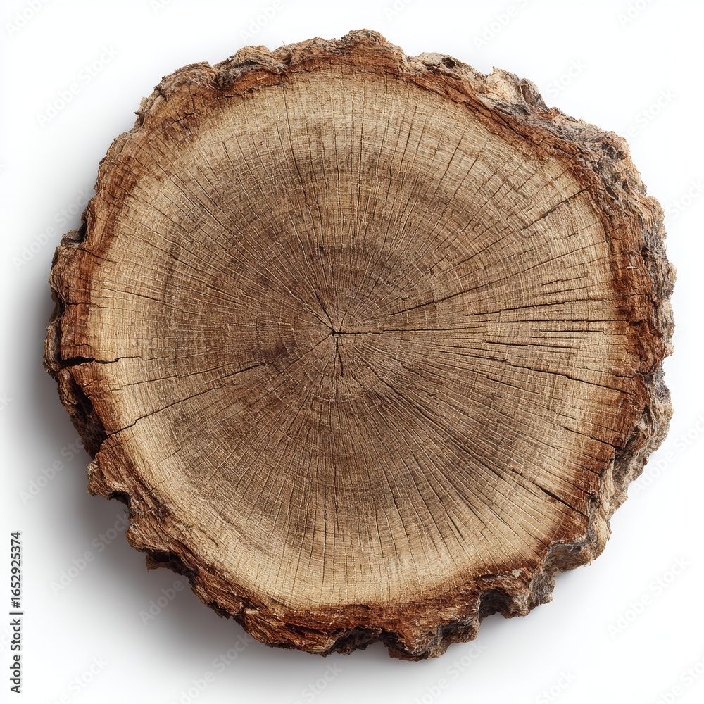 Fototapeta premium A detailed top-down view of a tree trunk slice showcasing concentric rings. The rough bark edges frame the smooth interior, providing a glimpse into the tree's life history. 