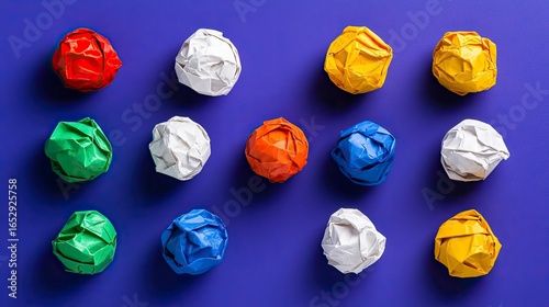 Colorful crumpled paper balls arranged on a vibrant blue background, top-down view