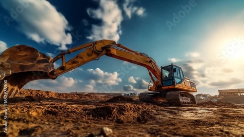 Wallpaper Mural A construction site at sunset featuring an excavator digging into the earth, with clouds and a warm sun illuminating the scene, showcasing the machinery's power in action Torontodigital.ca
