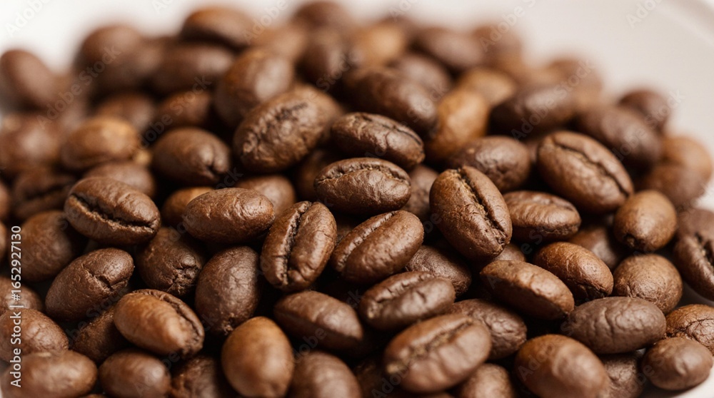 Obraz premium Close-up photo of roasted coffee beans with rich textures, natural oil sheen, and deep brown tones. Perfect for coffee packaging, branding, and cafe-related design projects.