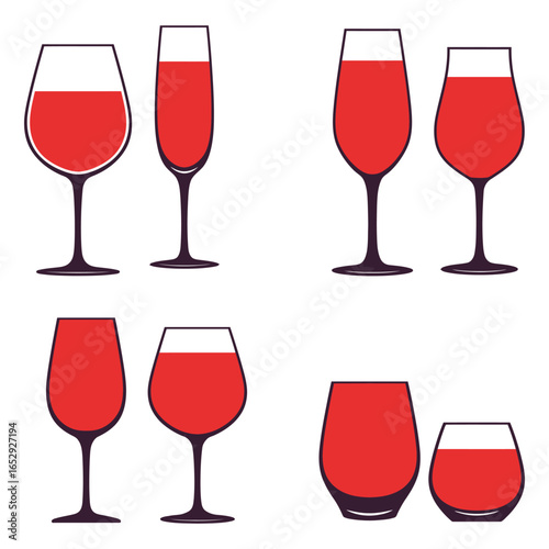Wine Glass Collection with Red Wine in Silhouette Style silhouette