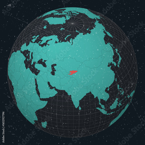 Kyrgyzstan on Globe. Vintage look with grunge scratched texture. Country view on world map in Dark Charcoal Turquoise color palette. Kyrgyzstan shape on map. Globe with meridians and parallels.