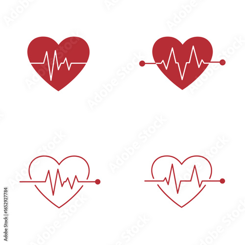 Heartbeat Pulse Line Vector Design Set with Heart Shape Silhouette