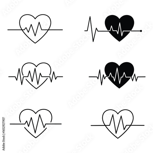 Heartbeat Line Art Vector Set with Heart Shapes in Silhouette Style silhouette
