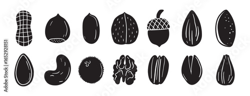 nuts silhouettes set. doodle hand drawn nuts design. black color