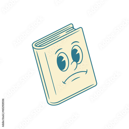 Sad upset book cartoon character unhappy retro vector illustration. Comic sadness negative emotion minimalist textbook literature library education mascot funky emoticon