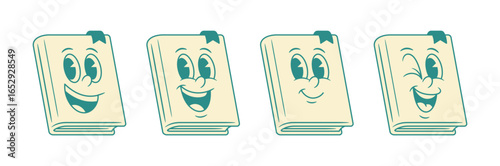 Overjoyed winked book cartoon character set green retro vector illustration. Cute comic smile minimalist literature library textbook reading education cheerful funny mascot
