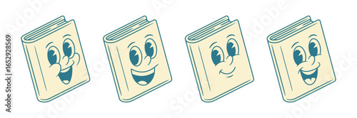 Funny emoji book cartoon character set green retro vector illustration. Adorable positive minimalist textbook literature library reading education mascot having fun positive emotion