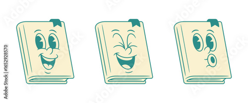 Funny cute book cartoon character whistling set retro vector illustration. Adorable comic minimalist textbook literature library education green mascot having fun positive emotion