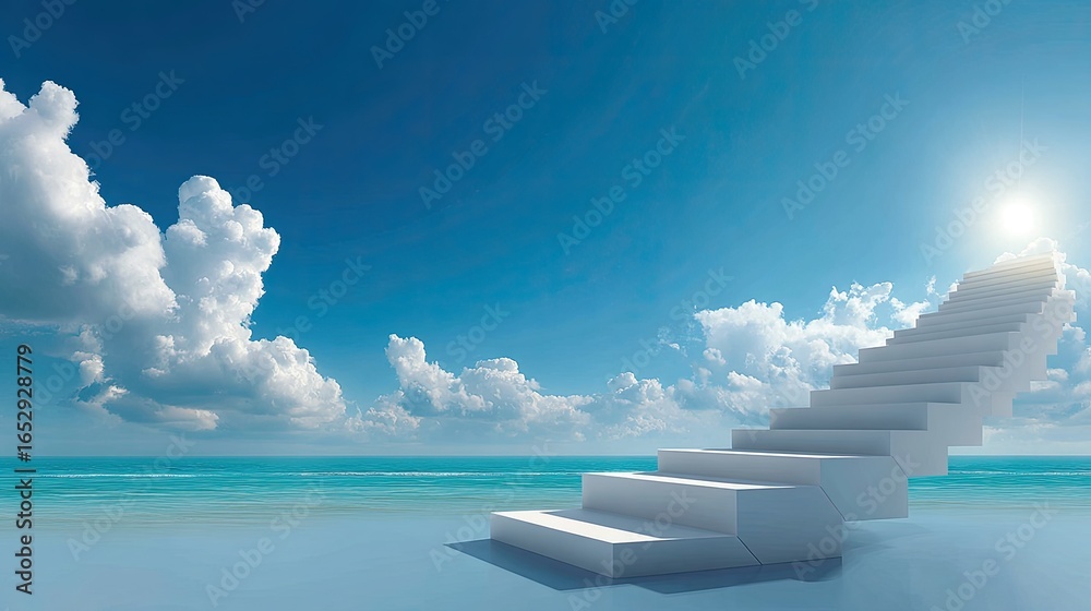 Obraz premium Digital trail of linked icons climbing toward a bright horizon, symbolizing the journey of team success