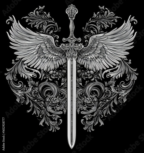 Ornate winged sword design with silver and gray color scheme on black background.