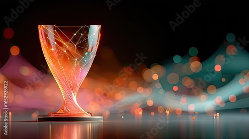 Glowing digital trophy surrounded by interconnected nodes, representing collective victory