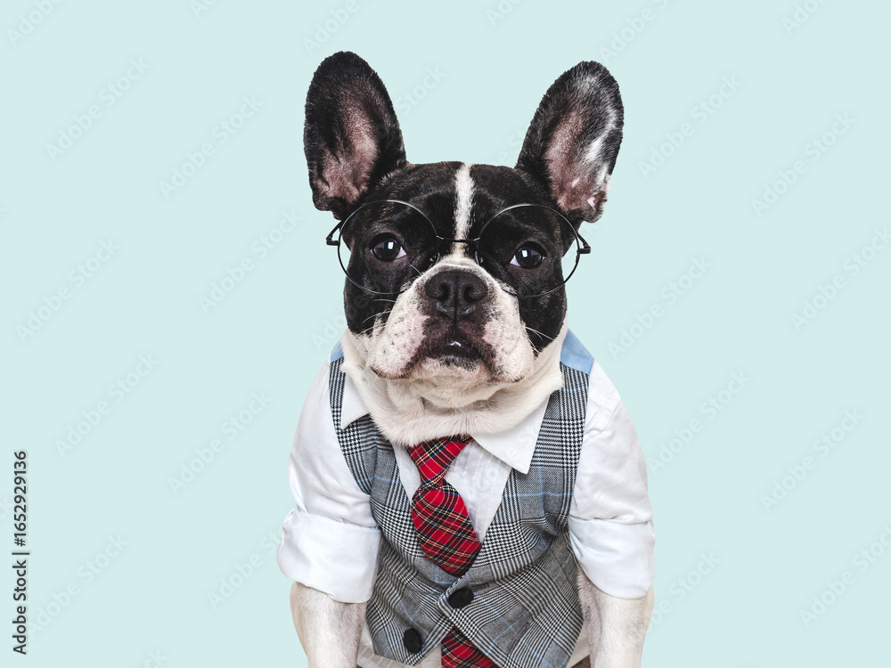 Fototapeta premium Cute puppy, glasses, vest and red tie. Studio shot
