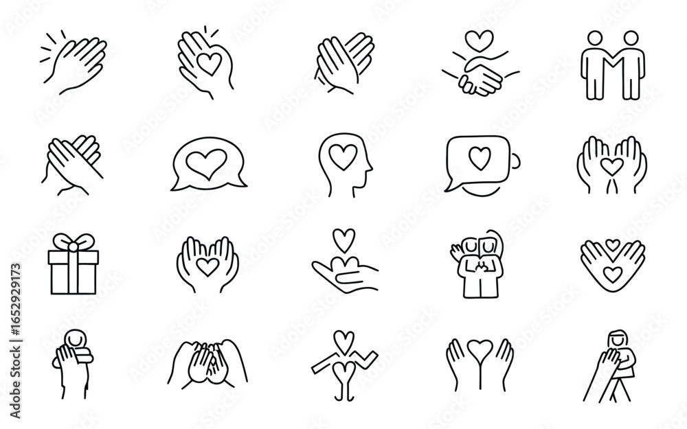 Fototapeta premium Line Art Icons Set Hands, Hearts, Love, Charity, and Connection Symbols
