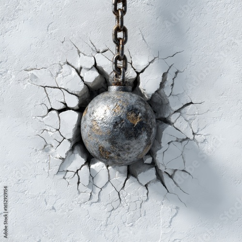 A metal wrecking ball smashes through a solid wall, symbolizing obstacles being broken down