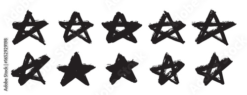 grunge stars doodle set. brush stroke texture, stained distress style stars set. punk rock posters, banners, labels. dirty stars elements