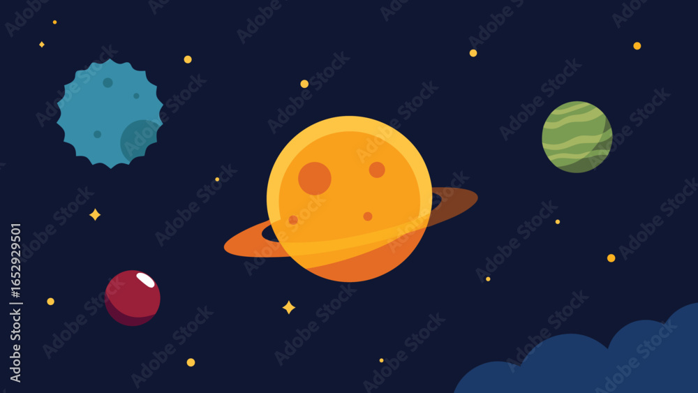 Naklejka premium Cartoon Planets and Rings in Space with Starry transparency background and Clouds stars galaxy