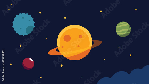 Cartoon Planets and Rings in Space with Starry transparency background and Clouds stars galaxy