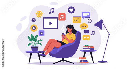 lat vector illustration of a woman relaxing in a chair with a cup of coffee and a smartphone. She is surrounded by colorful icons and symbols representing entertainment and digital media, such as musi
