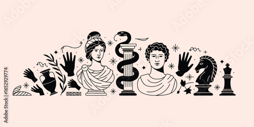 Modern line art composition with ancient Greek and Roman sculptures, symbols, and mythology. Vector illustration set of classical antiquity elements.