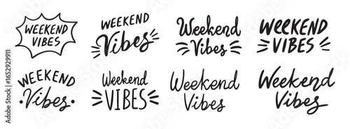 Weekend Vibes text lettering. Hand drawn vector art element set.
