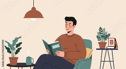 a simple and cozy illustration of a man relaxing with a book and a hot drink. The man should have a friendly, calm expression and be sitting comfortably in a modern, minimalistic setting. Include some