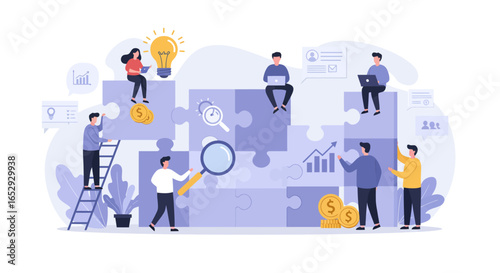 Business teamwork concept illustration. Diverse group of people collaborating to assemble large puzzle pieces with business icons such as light bulb, magnifying glass, dollar sign, and growth chart. S