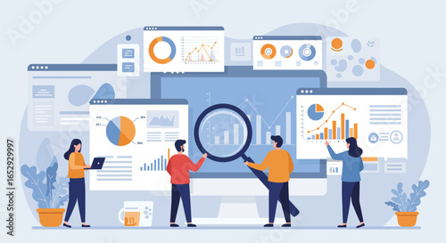 Business data analysis illustration. Team of professionals analyzing charts and graphs on large computer windows. A woman with a laptop, a man holding a giant magnifying glass examining a pie chart an