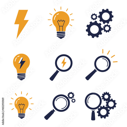 Creative Problem Solving Concept with Light Bulbs Lightning Gears and Magnifying Glasses silhouette