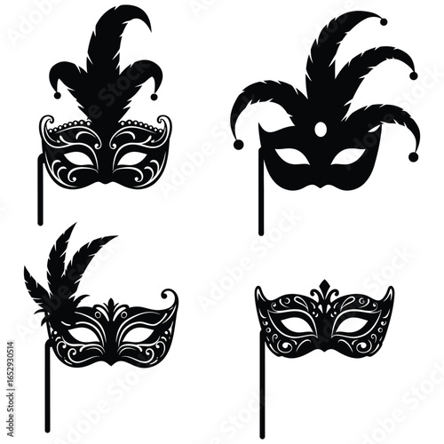 Set of Carnival Masks with Feathers in Black Silhouette Style silhouette