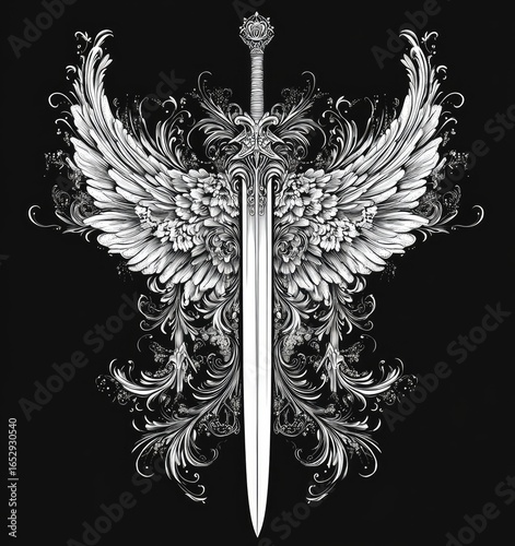 Ornate silver sword with large wings and floral details on black background.