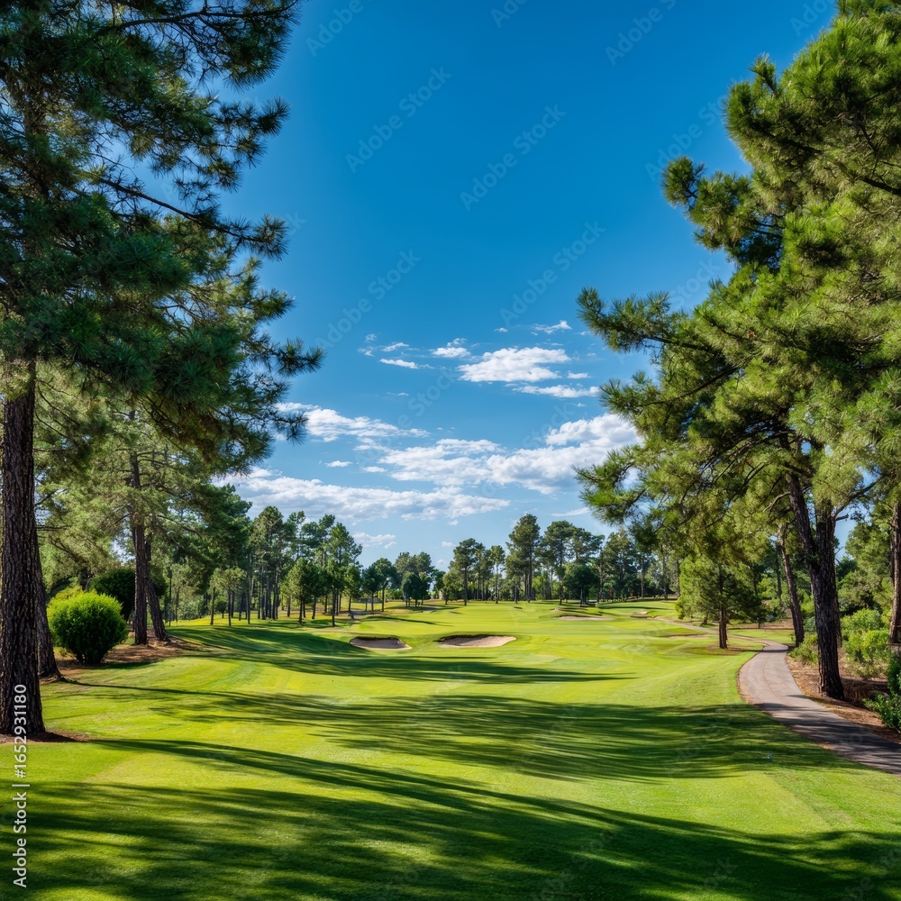 Fototapeta premium A scenic golf course surrounded by lush greenery, perfect weather. The course has well-maintained fairways, surrounded by trees, with a pathway
