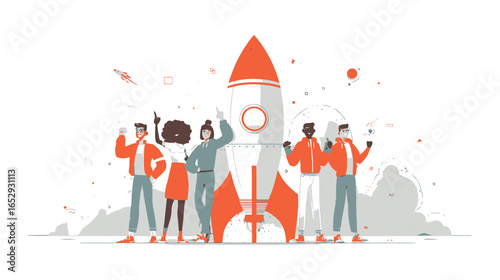 Team celebrating a successful rocket launch with diverse members in a celebratory pose together