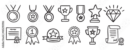 medal honor award related doodle hand drawn icon set. Outline drawing winner line clipart symbol collection