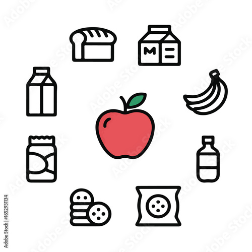 Large collection of grocery and food line icons including supermarket items, drinks, packaged goods, vegetables, fruits, bakery, meat, seafood, dairy, condiments, snacks, and kitchen essentials. Perfe