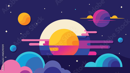 Colorful Abstract Planets and Clouds in Outer Space with Gradient Hues stars galaxy transparency background