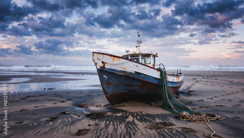 Weathered Fishing Boat on Abandoned Beach, A solitary, aged fishing boat sits stranded on a wide, flat beach at sunrise or sunset. The boat displays significant wear and tear - chipped paint, rust.