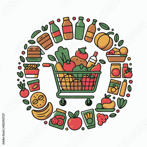 Large collection of grocery and food line icons including supermarket items, drinks, packaged goods, vegetables, fruits, bakery, meat, seafood, dairy, condiments, snacks, and kitchen essentials. Perfe