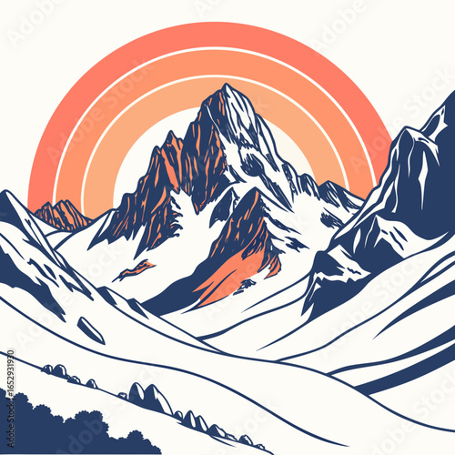 Snowy Mountain Peak with a Retro Sunset Arch