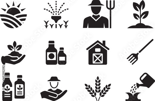Farming And Agriculture Icons Set With Sun Plants And Farmer sunrise