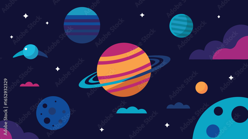 Naklejka premium Colorful Cartoon Planets and Stars in Deep Space Vector Illustration galaxy universe transparency background
