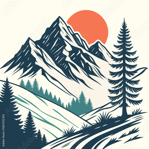 Scenic Alpine Mountain Range Vector Illustration