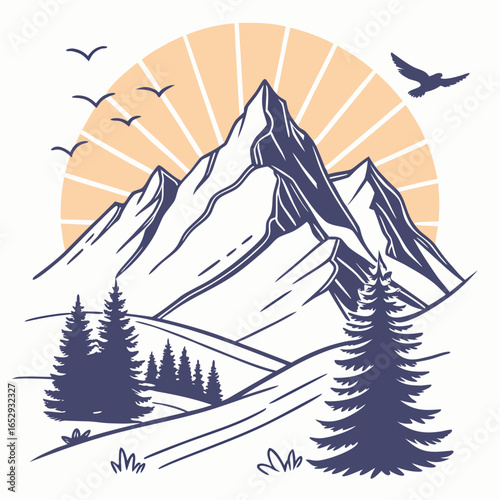 Mountain Peaks with Sunrise Illustration