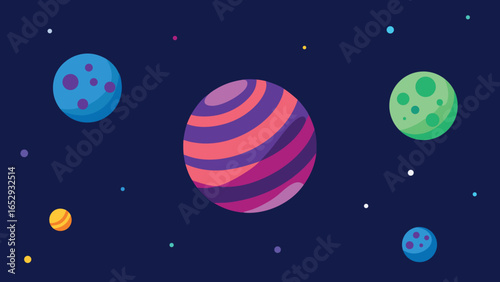 Colorful Cartoon Planets and Stars in Deep Space with Dark Blue Background Keywords: space, planets, stars, galaxy, cosmos, universe, astronomy, celestial, nebula, orbit, transparency background