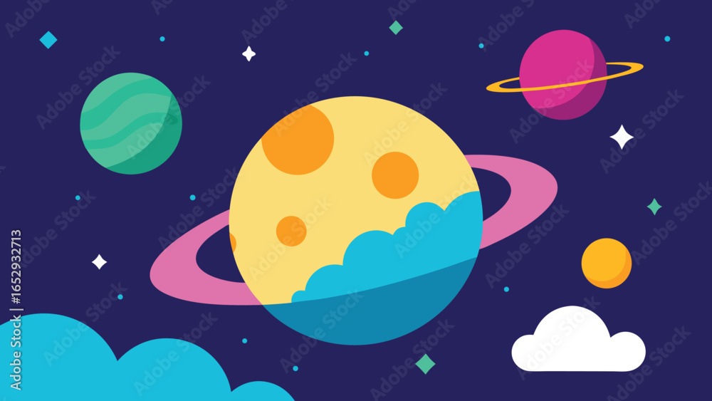 Naklejka premium Colorful Flat Design Planets and Clouds in Deep Space galaxy cosmos transparency background