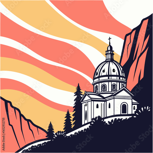 Scenic Mountain Chapel Against Vibrant Sky