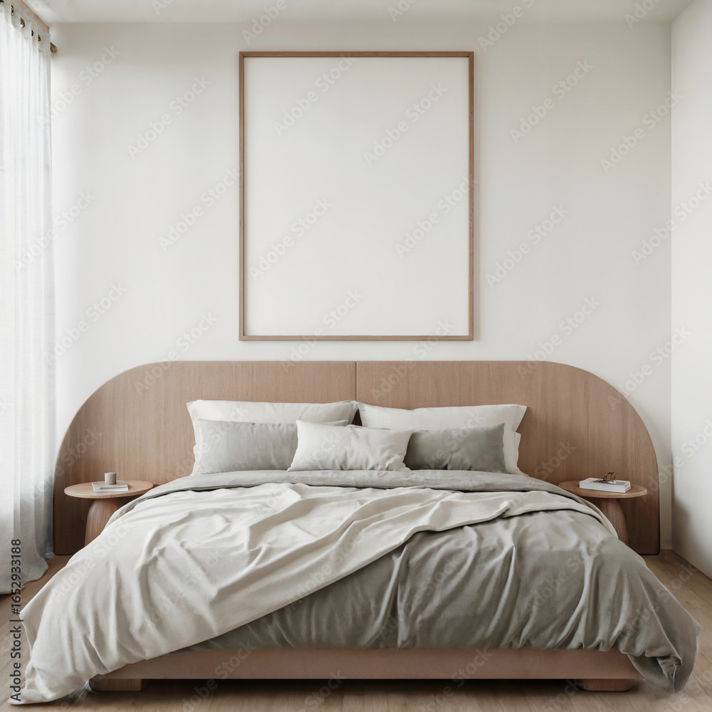 Obraz premium Modern Minimalist Bedroom Interior: Neutral Tones, Wooden Accents, Blank Canvas Above Bed.