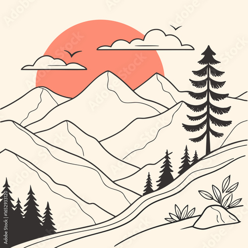 Mountain Landscape with Sunset and Trees Illustration