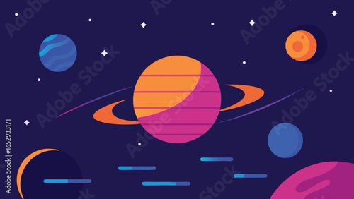 Colorful Flat Design Planets and Rings in Outer Space Keywords: space, planets, rings, solar system, galaxy, cosmos, universe, astronomy, celestial, orbit, outer space, transparency background